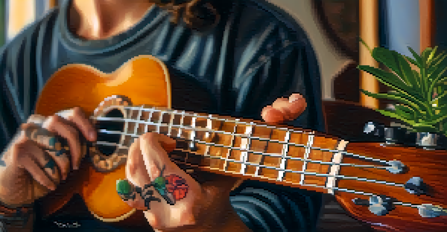 A close-up of a person playing a ukulele in a cozy living room with plants.