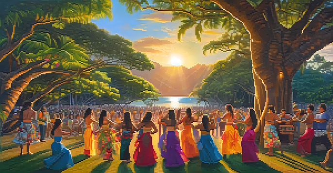 A group of musicians playing ukuleles at a Hawaiian festival under a banyan tree, with hula dancers and a warm sunset in the background.