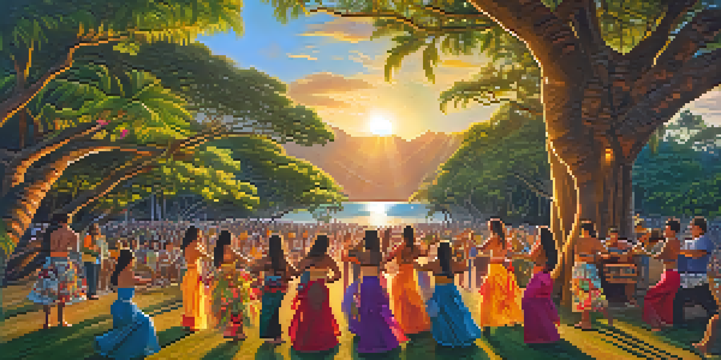 A group of musicians playing ukuleles at a Hawaiian festival under a banyan tree, with hula dancers and a warm sunset in the background.