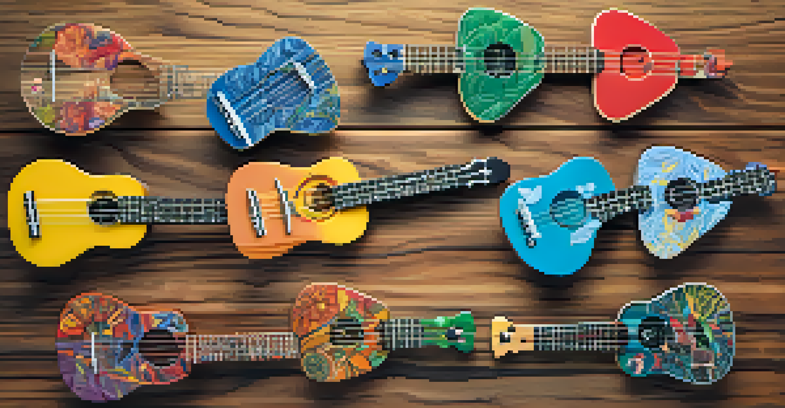 A detailed view of various colorful handcrafted ukulele picks on a wooden table, surrounded by crafting materials in soft, natural light.