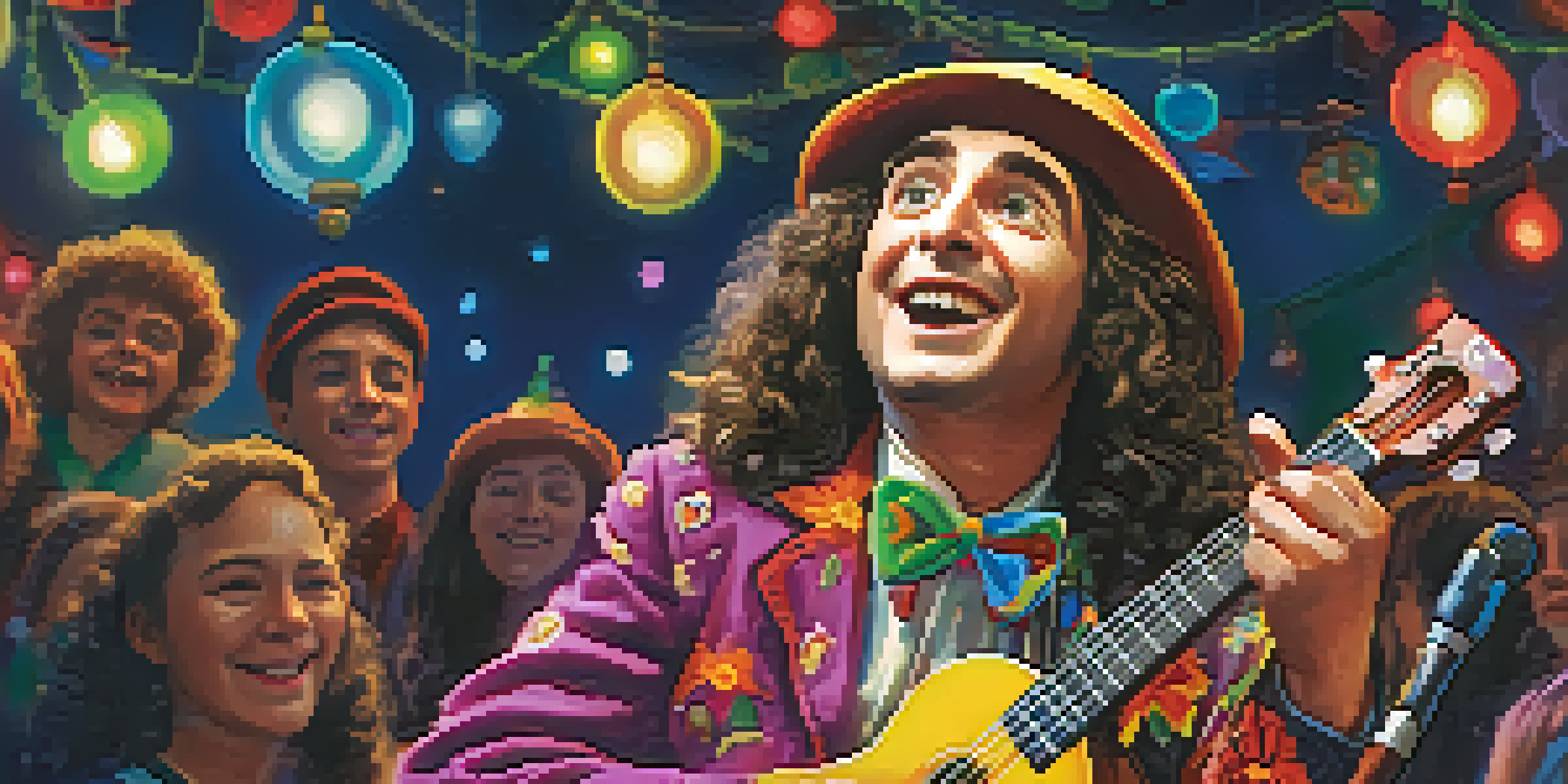 Tiny Tim performing on stage with his ukulele, wearing an eccentric costume, surrounded by a captivated audience.