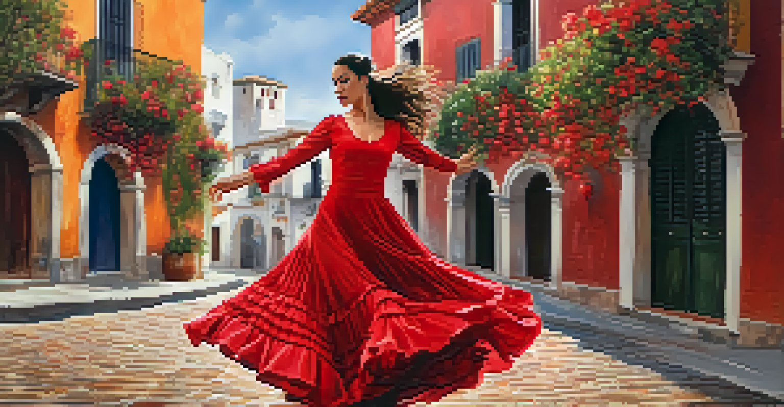 A flamenco dancer in a red dress performing on a street in Spain, surrounded by historic buildings and colorful flowers.
