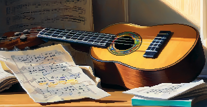 A ukulele on a wooden table with sheet music and sticky notes around it, illuminated by soft natural light.
