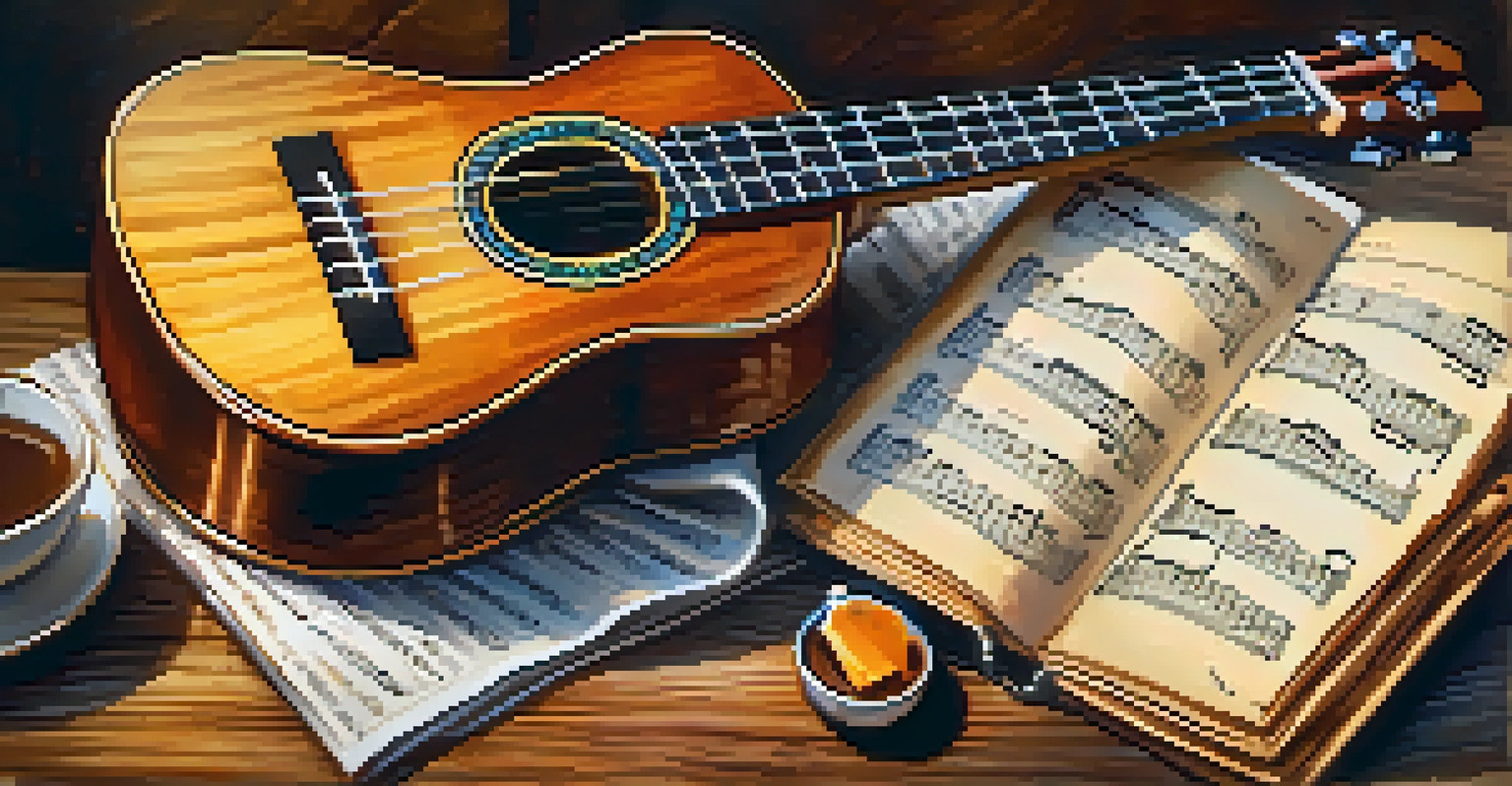 Close-up of hands playing a colorful ukulele on a rustic table with sheet music and a cup of coffee, in a cozy setting.
