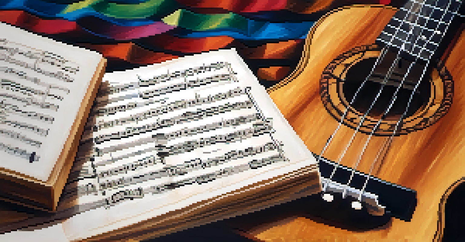 A ukulele on a music sheet with handwritten lyrics, showcasing the blend of music and language.