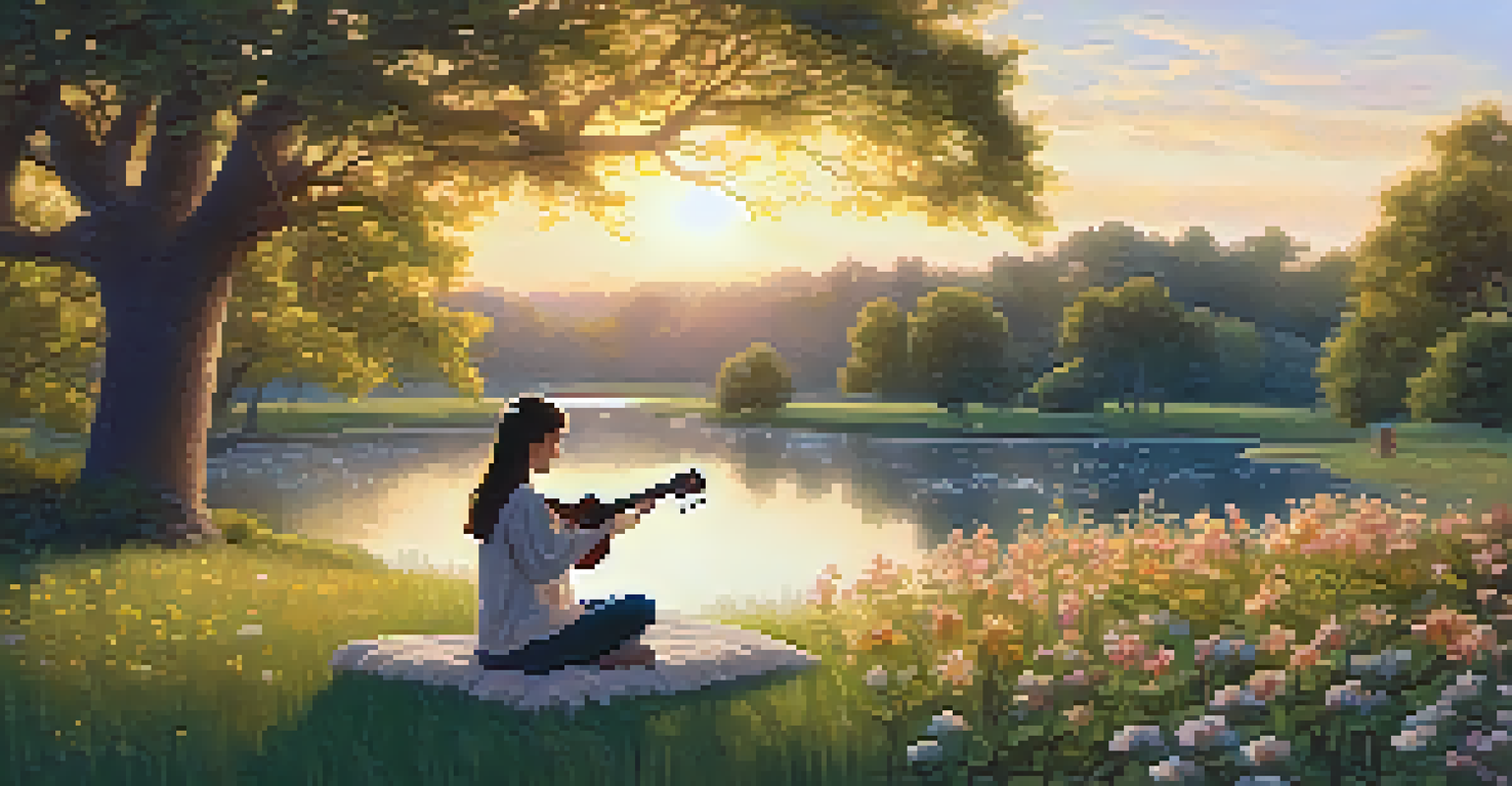 A person playing a ukulele outdoors in a grassy area with flowers and a pond.