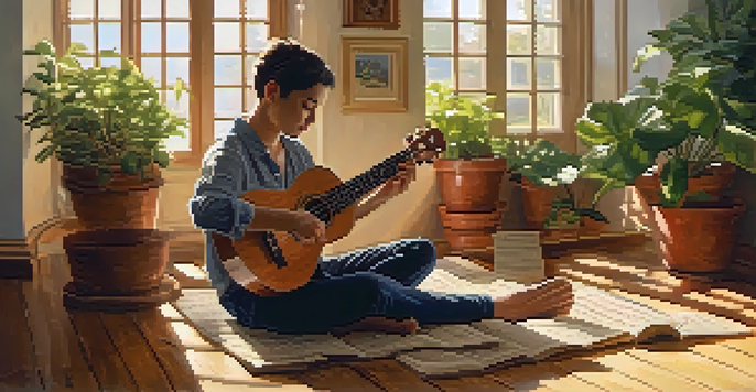 A person practicing fingerstyle ukulele indoors on a wooden floor, with sunlight and plants around.