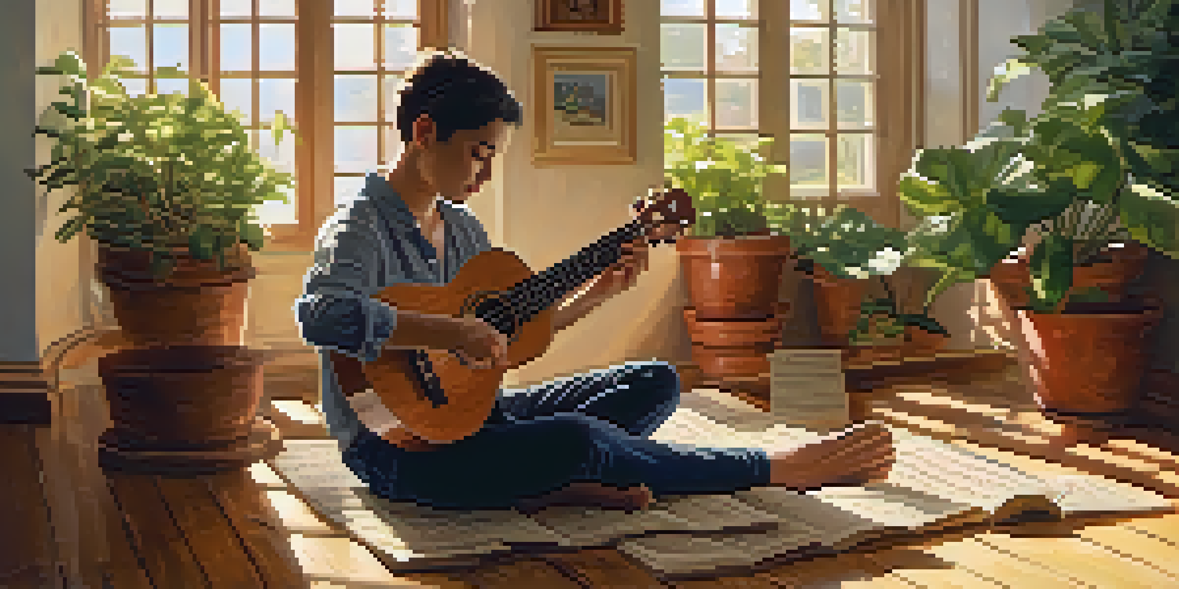 A person practicing fingerstyle ukulele indoors on a wooden floor, with sunlight and plants around.