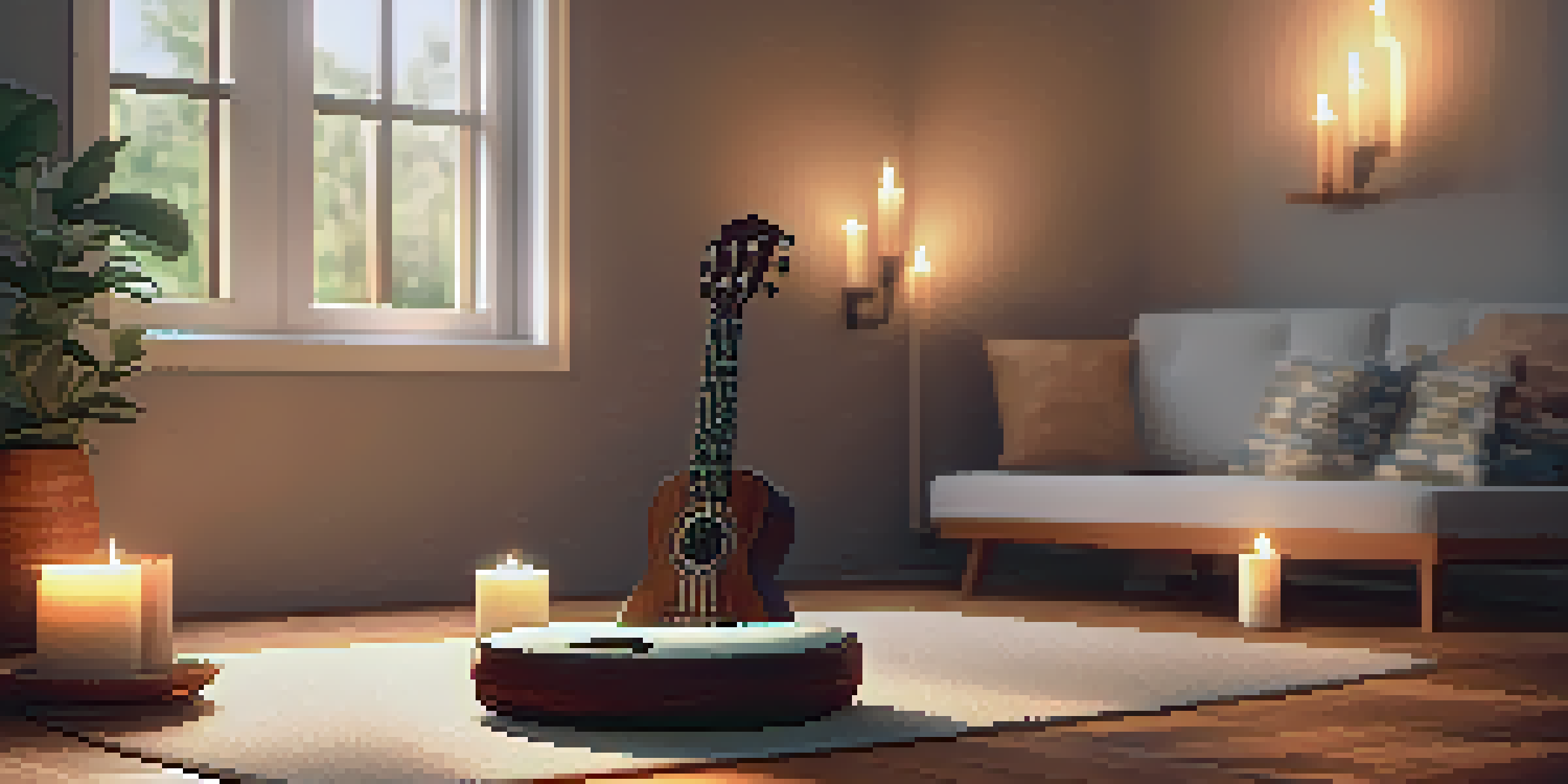 A peaceful meditation space with soft lighting, a cushion, a ukulele, candles, and essential oils, conveying a sense of calm and tranquility.