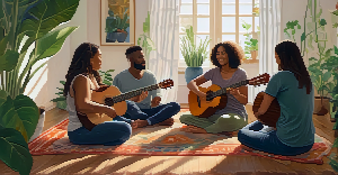 A cozy sound therapy session with a diverse group of people holding ukuleles, surrounded by colorful sound bowls and plants.