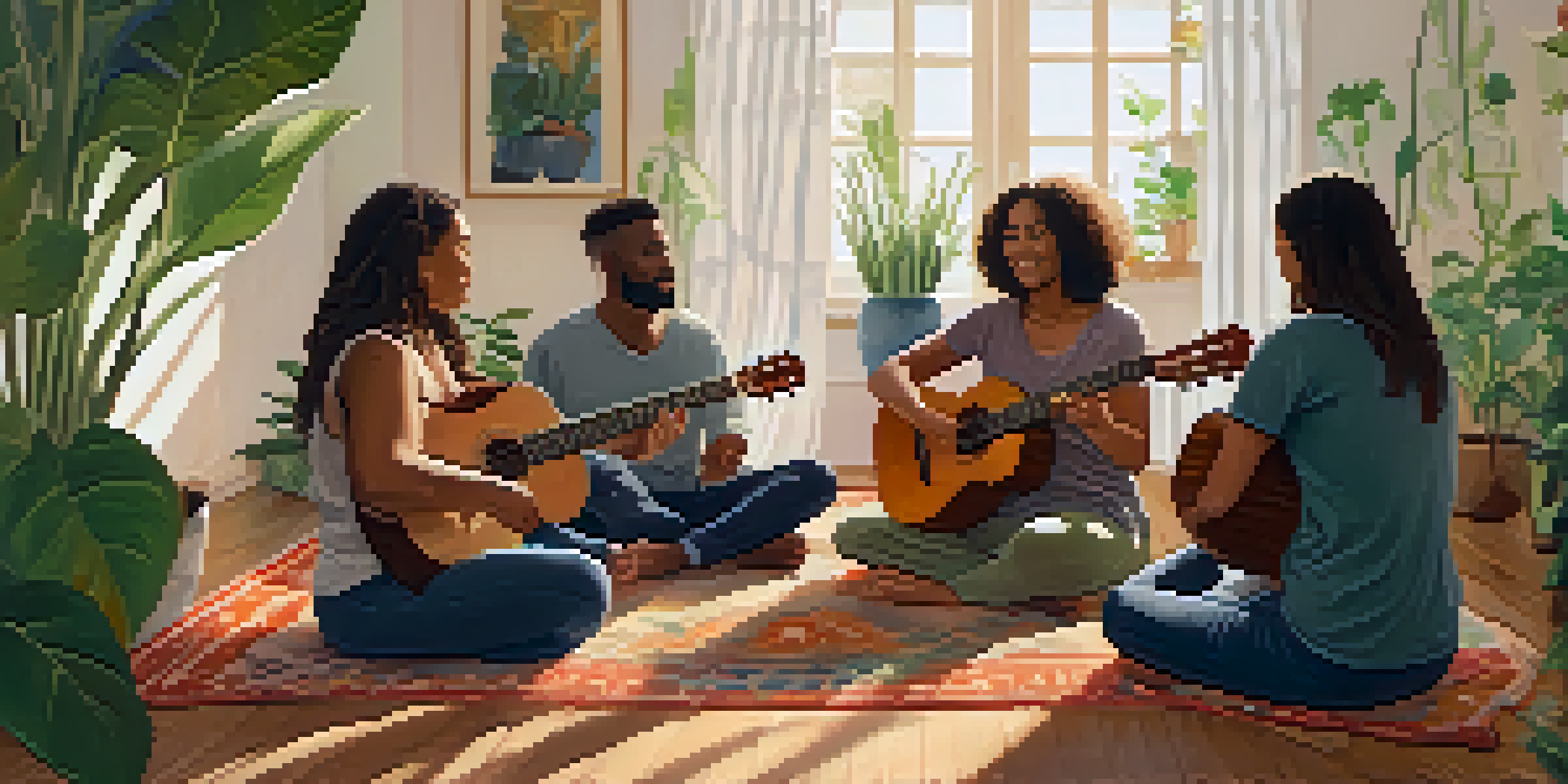 A cozy sound therapy session with a diverse group of people holding ukuleles, surrounded by colorful sound bowls and plants.
