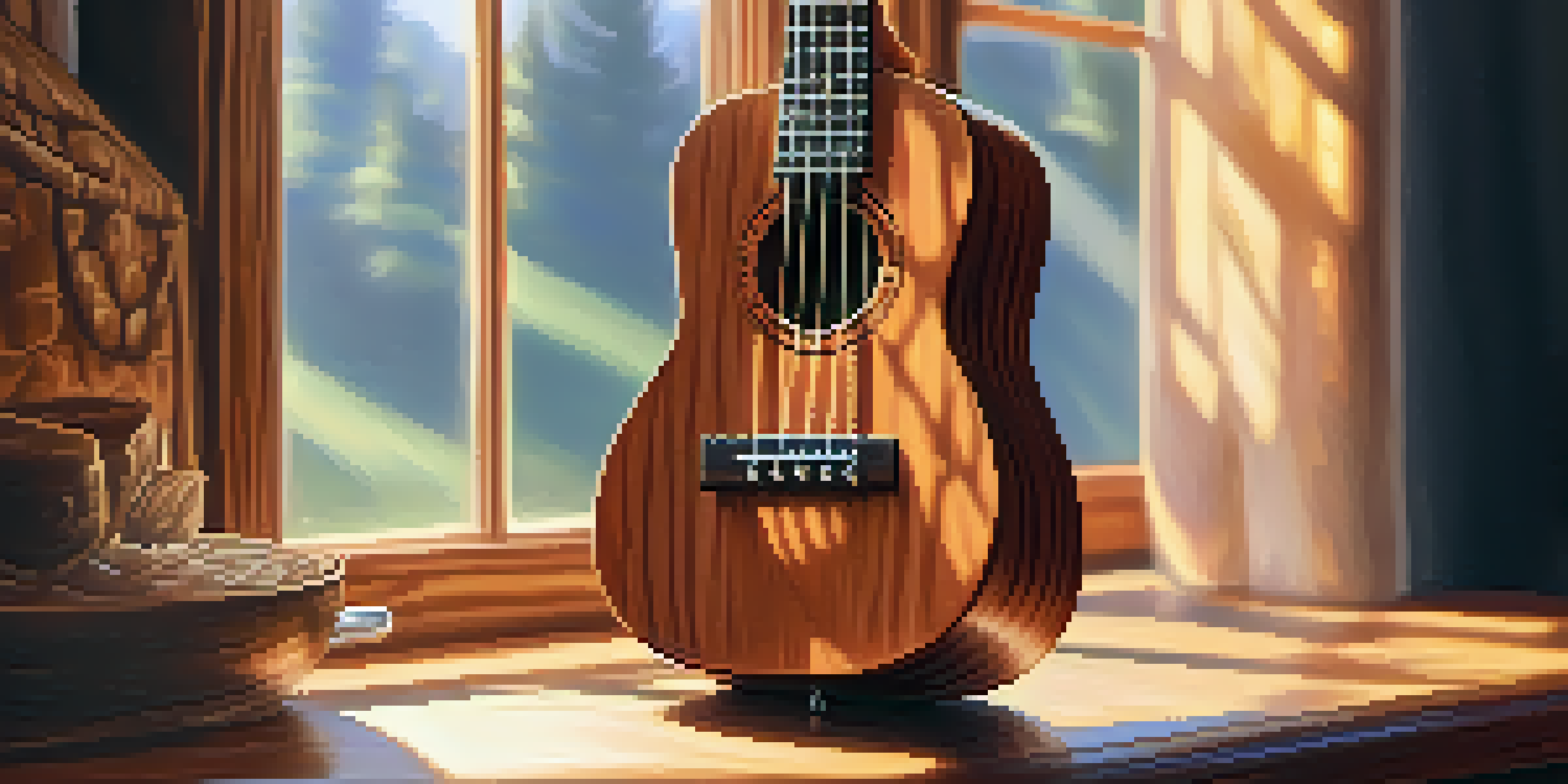 A close-up of a ukulele on a wooden table, illuminated by natural sunlight, showcasing its craftsmanship.
