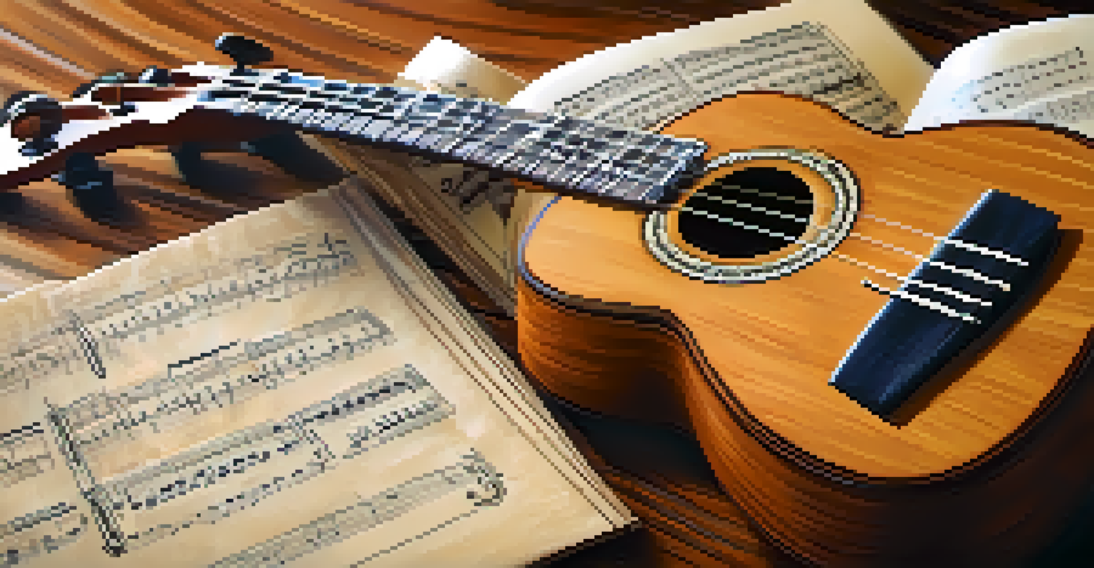 A close-up of a ukulele on a table with sheet music and a mug of tea, highlighting its details.