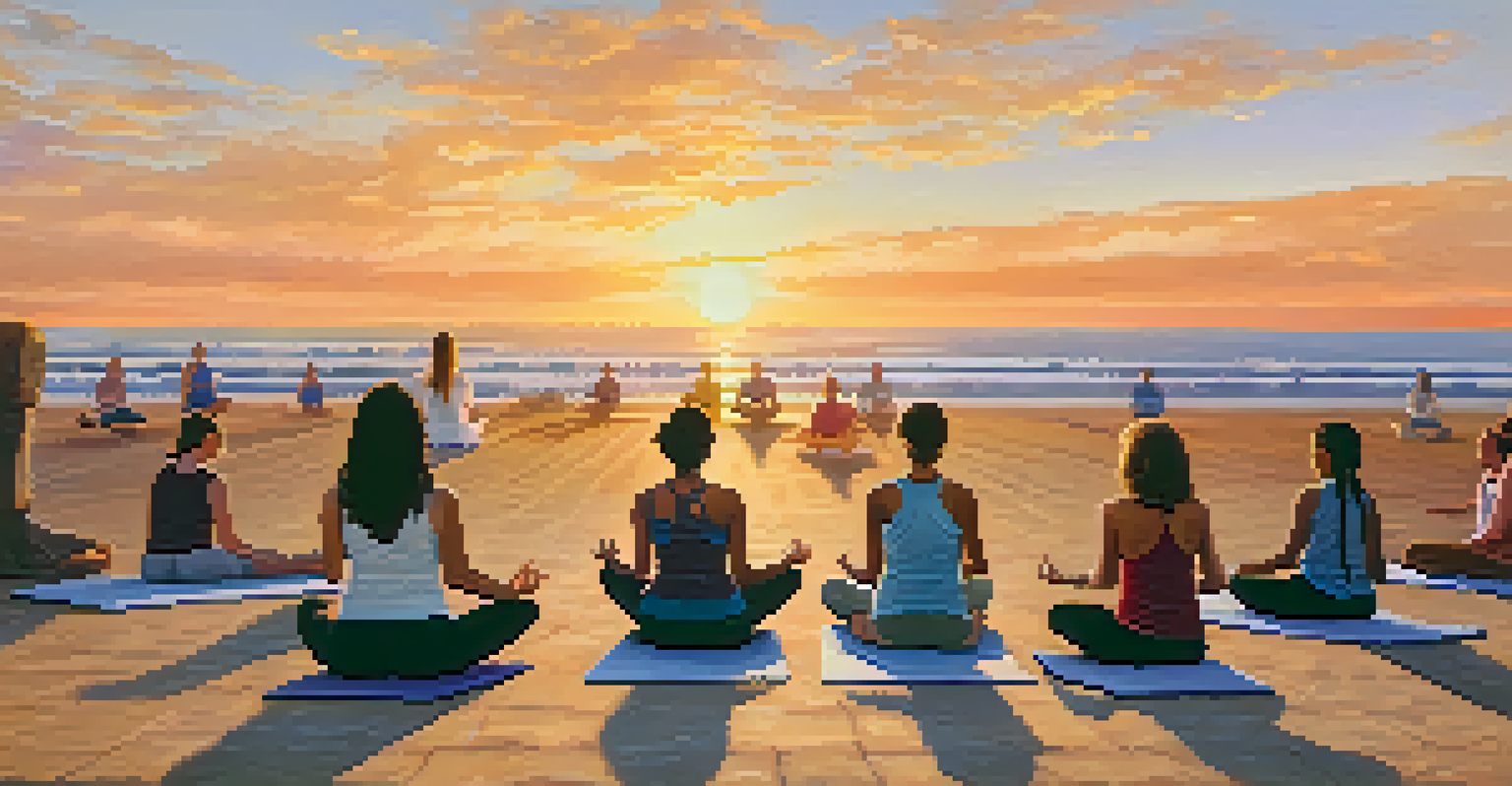 An outdoor yoga class during sunset with participants in yoga poses and a ukulele player at the front, creating a joyful atmosphere.