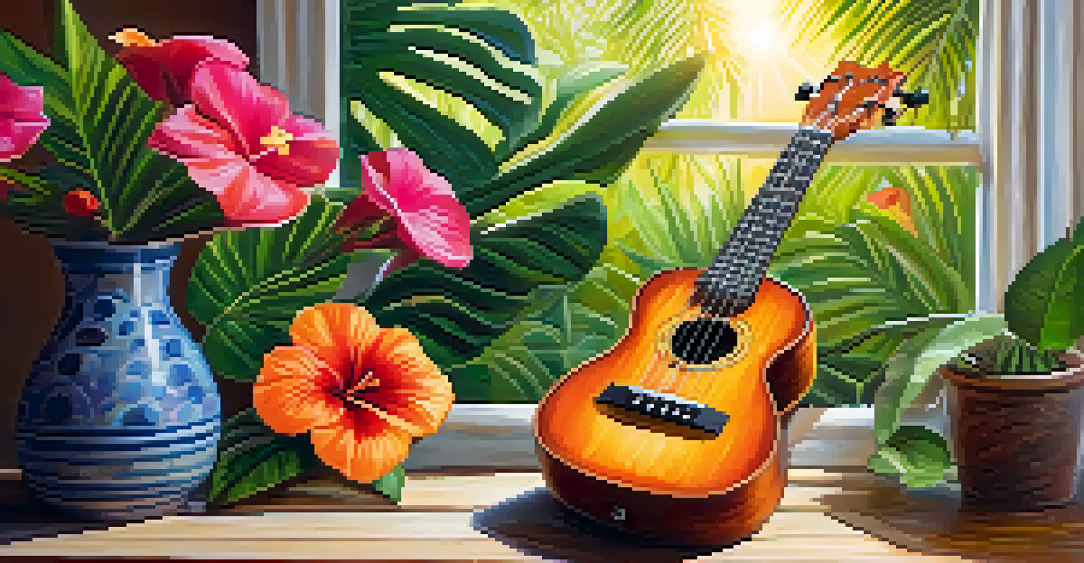 A ukulele on a wooden table surrounded by tropical flowers under warm sunlight.