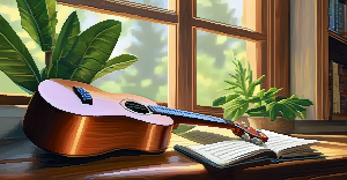A ukulele on a wooden table with sheet music and a pencil, illuminated by warm natural light.
