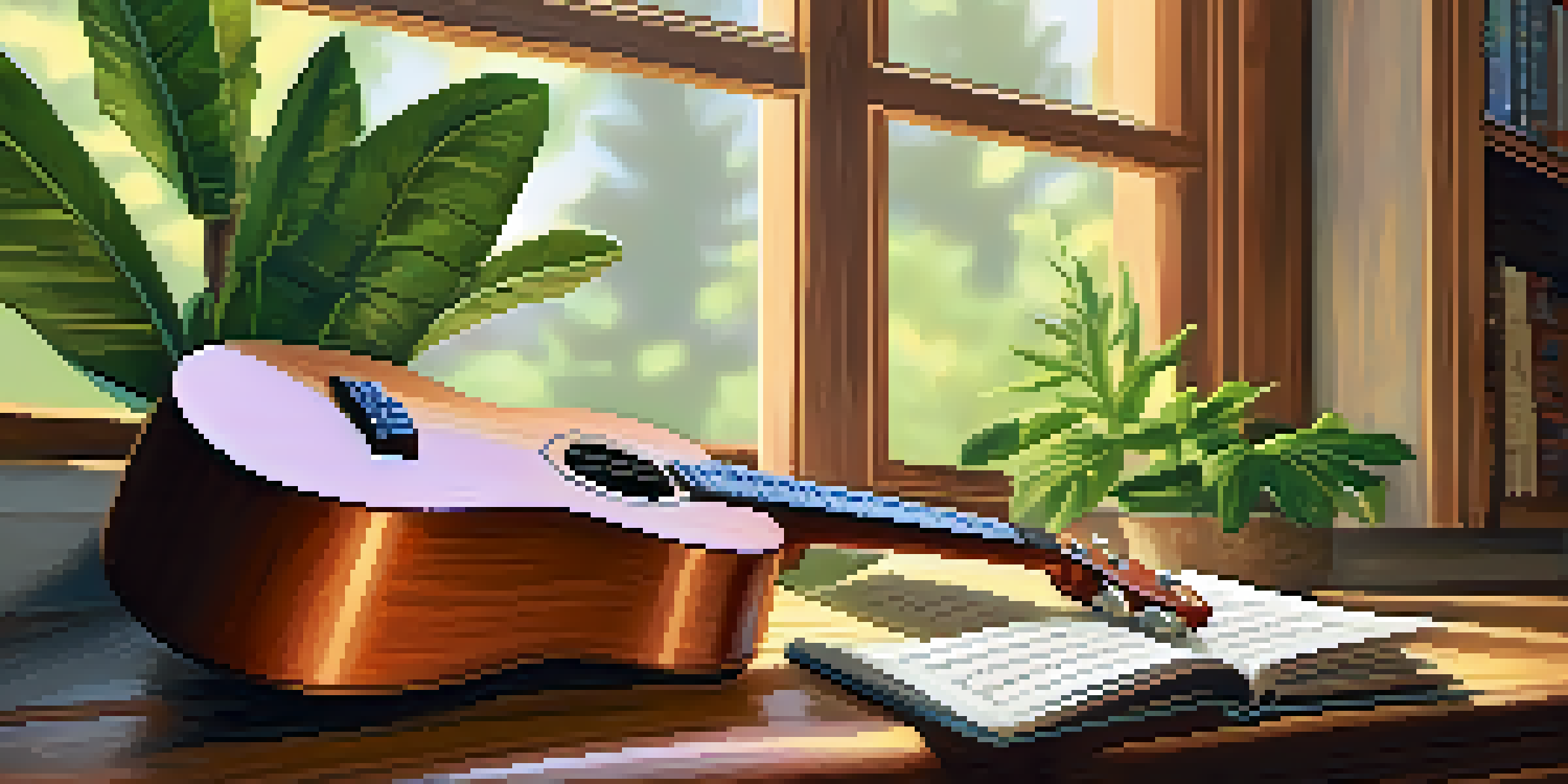 A ukulele on a wooden table with sheet music and a pencil, illuminated by warm natural light.