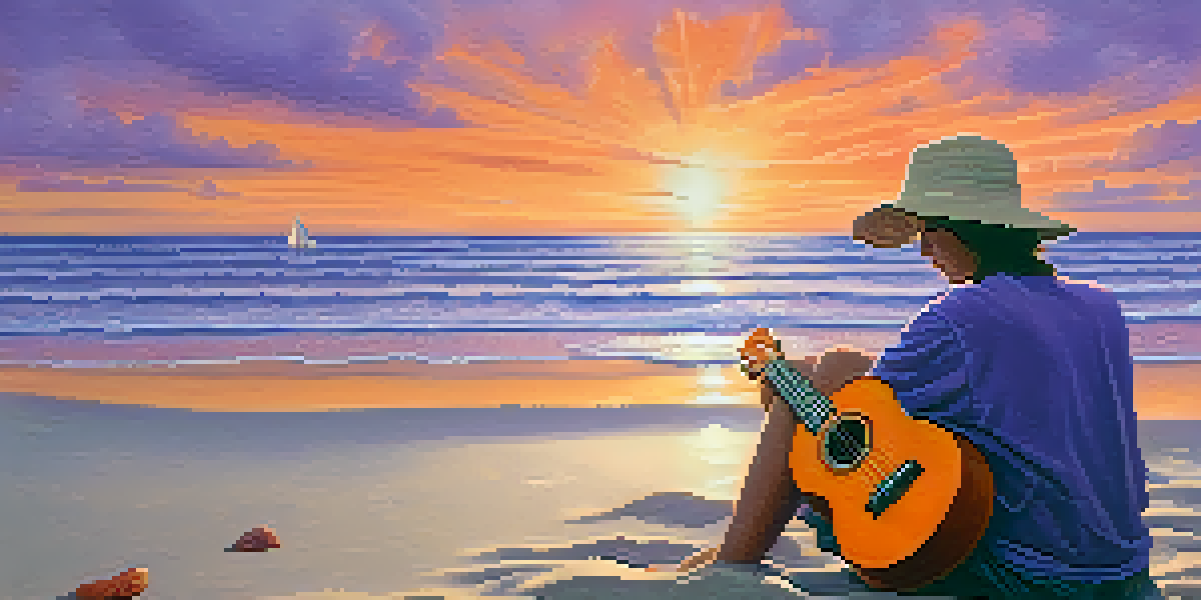 A traveler sitting on the beach, playing a ukulele during sunset with colorful skies and calm ocean waves.