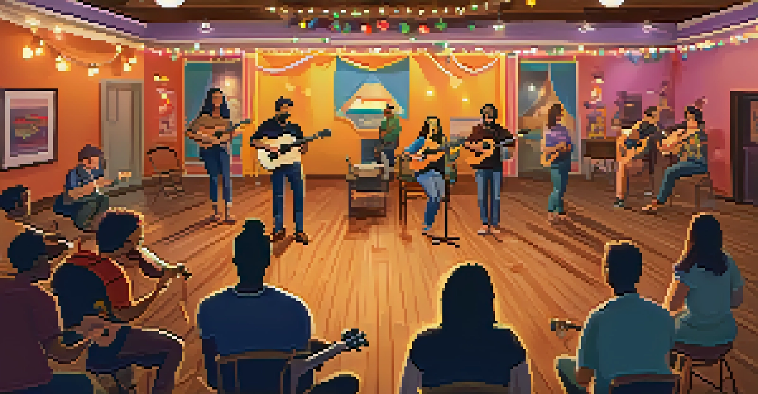 A community open mic night with ukulele players preparing to perform on stage, surrounded by a supportive audience, in a warmly lit setting.