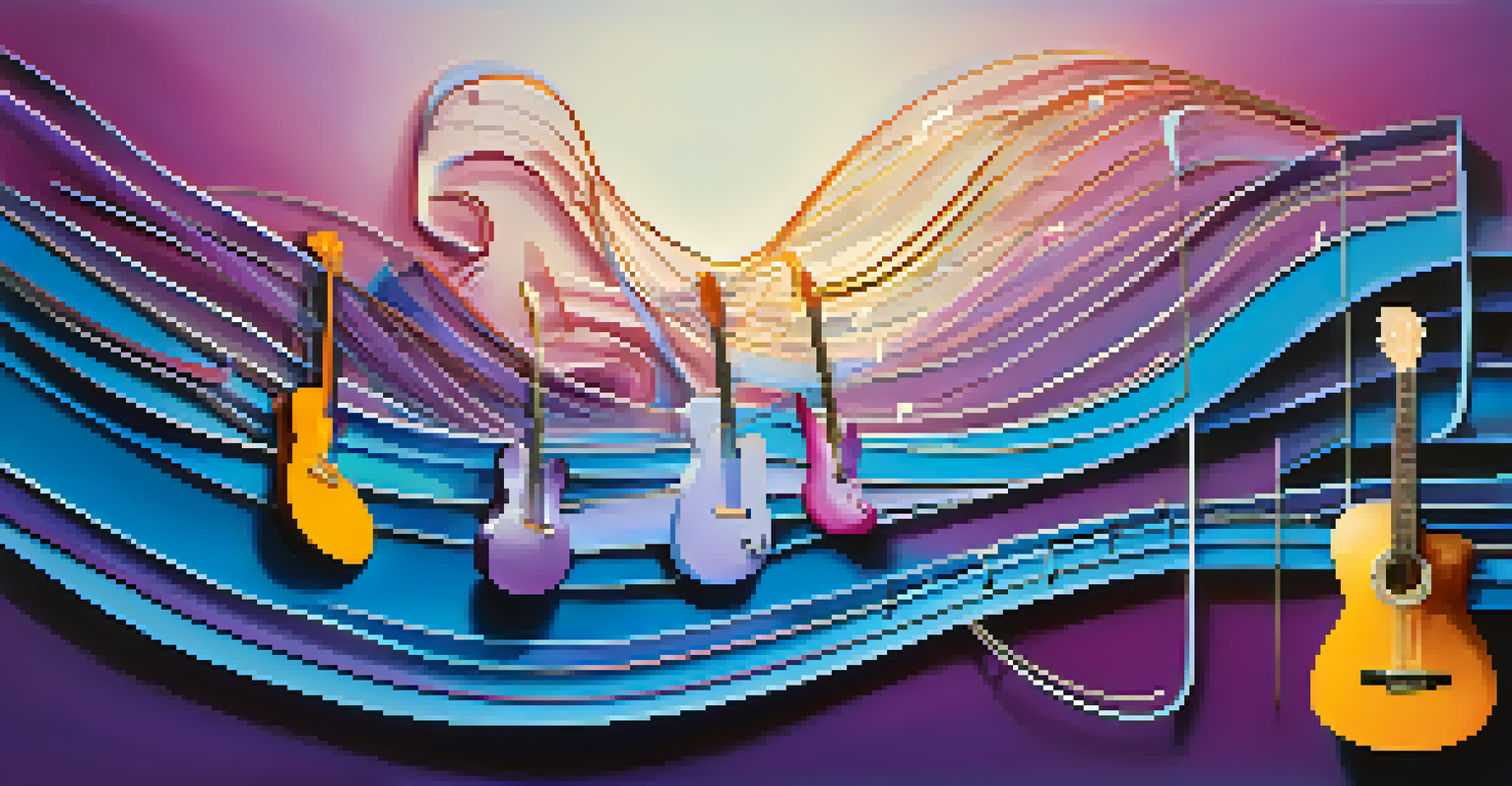 Artistic representation of musical notes flowing from a guitar, transforming into colorful waves against a gradient background of blues and purples.