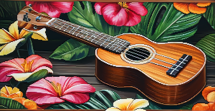 An open ukulele case on a wooden table with a pristine ukulele inside and tropical flowers around it, illuminated by soft natural light.