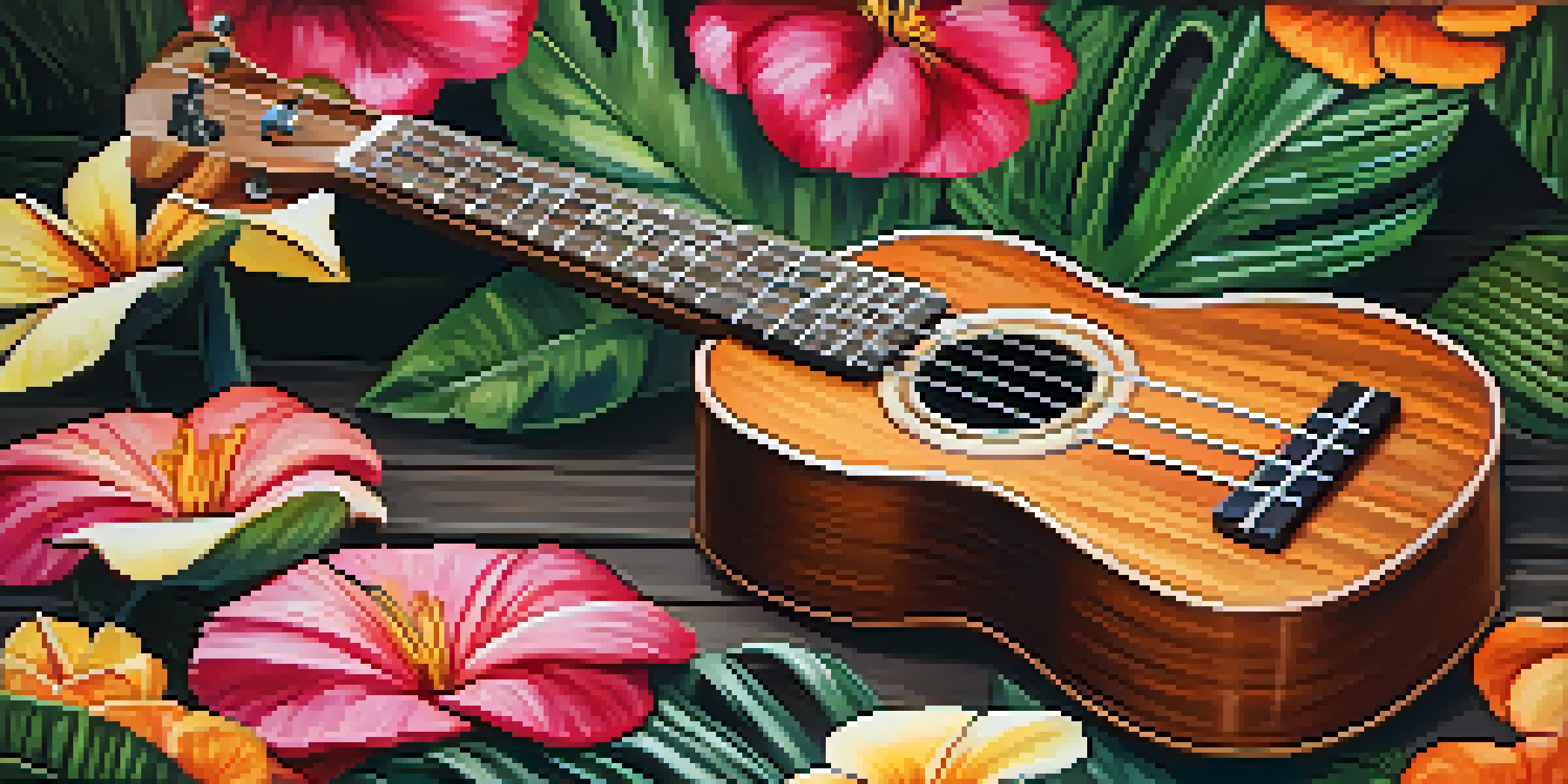 An open ukulele case on a wooden table with a pristine ukulele inside and tropical flowers around it, illuminated by soft natural light.