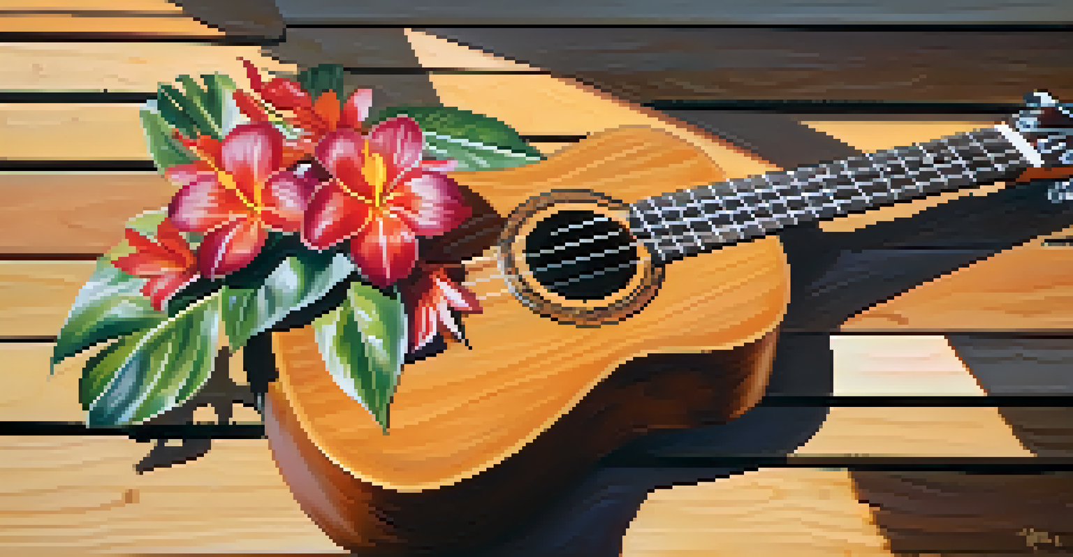 A close-up of hands strumming a ukulele on a wooden deck, with tropical flowers and sunlight filtering through leaves.