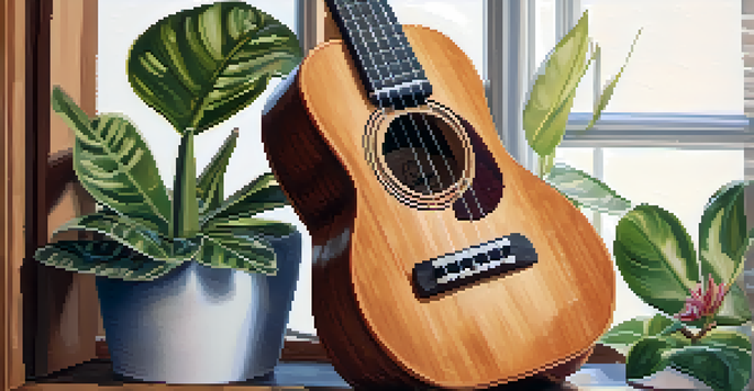 A close-up view of a wooden ukulele with nylon strings on soft fabric, illuminated by warm natural light.