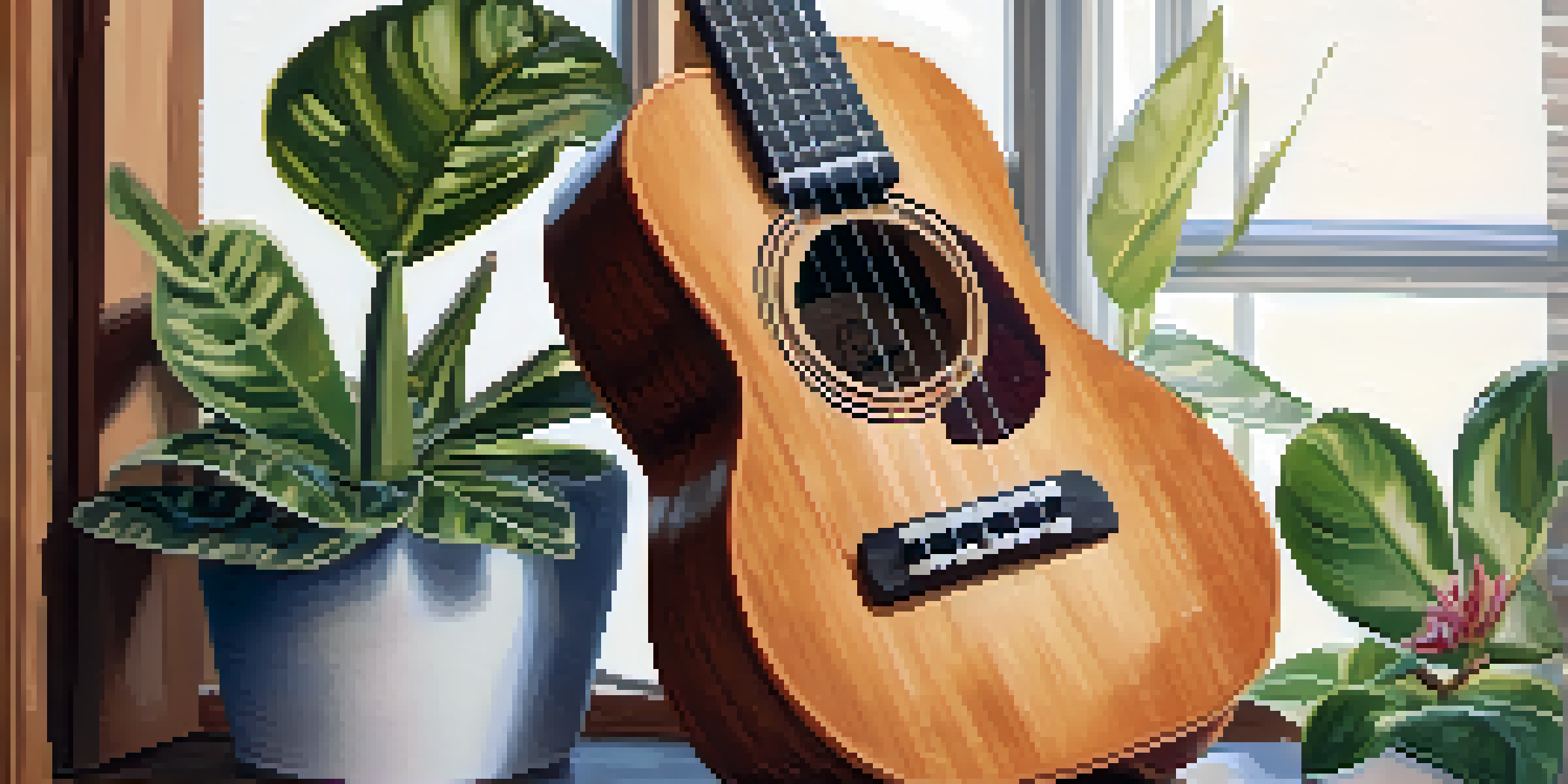 A close-up view of a wooden ukulele with nylon strings on soft fabric, illuminated by warm natural light.