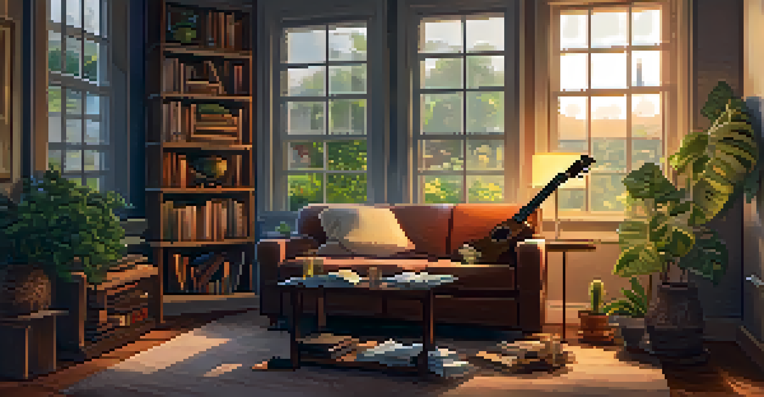 A person playing the ukulele on a couch in a cozy room with plants and warm lighting.