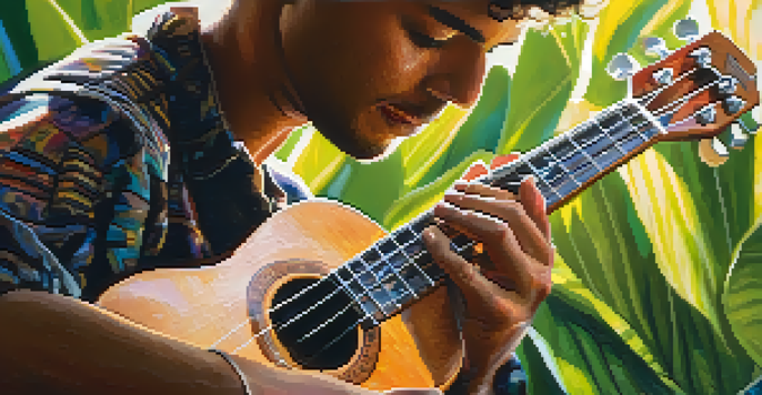 A close-up of a musician's hands playing a ukulele under sunlight with soft, leafy backgrounds.