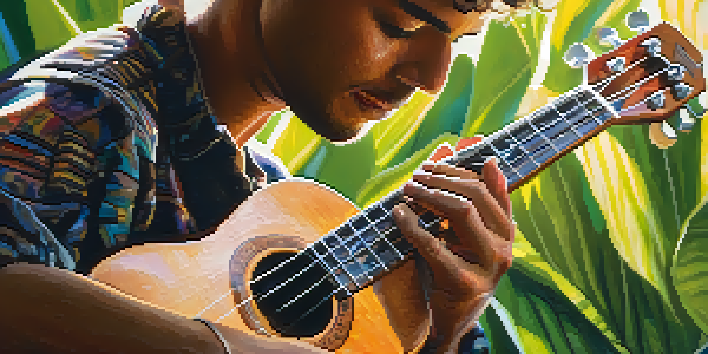 A close-up of a musician's hands playing a ukulele under sunlight with soft, leafy backgrounds.