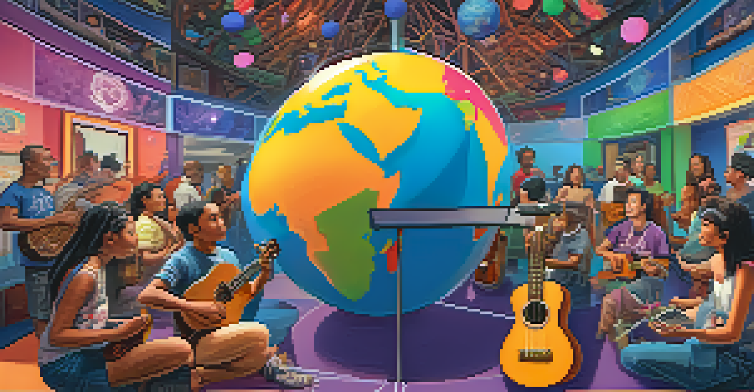 A virtual community space with ukulele players from around the world sharing tips and performing together.