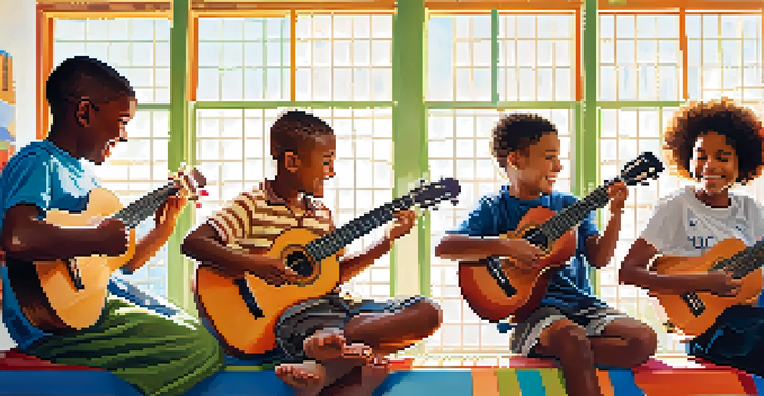 A diverse group of children playing ukuleles in a bright classroom, smiling and enjoying their music.
