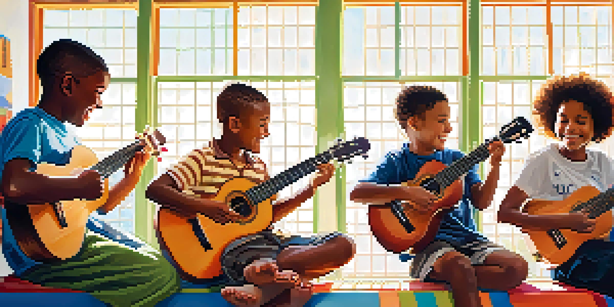 A diverse group of children playing ukuleles in a bright classroom, smiling and enjoying their music.