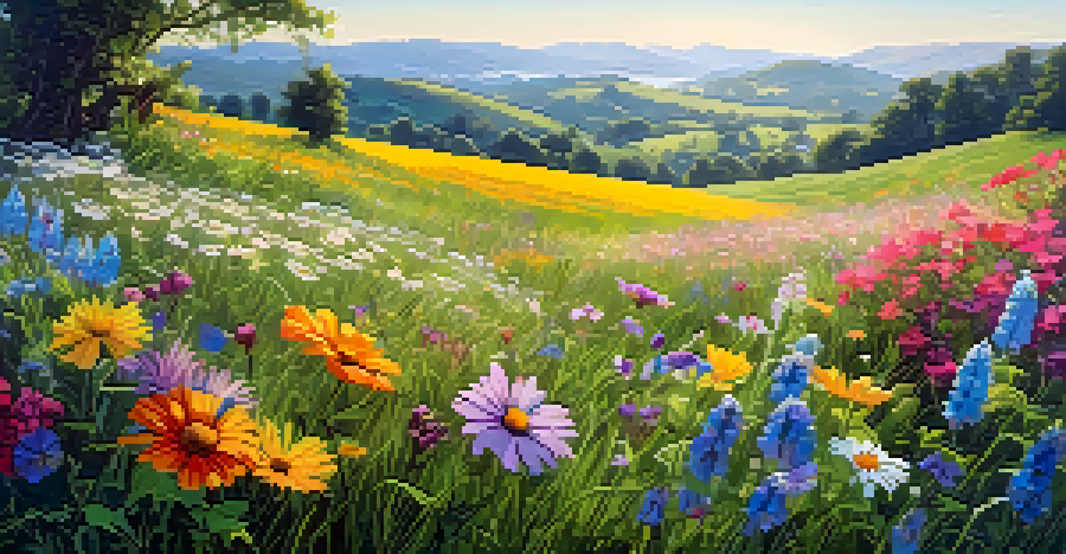 A colorful wildflower meadow with various flowers under bright sunlight and butterflies fluttering around.