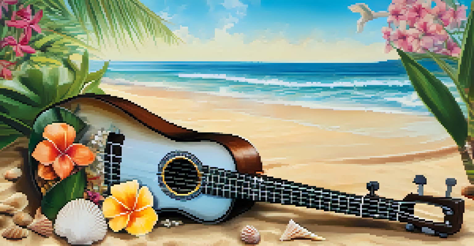 A close-up of a ukulele on a sandy beach with seashells and flowers, with the ocean in the background.