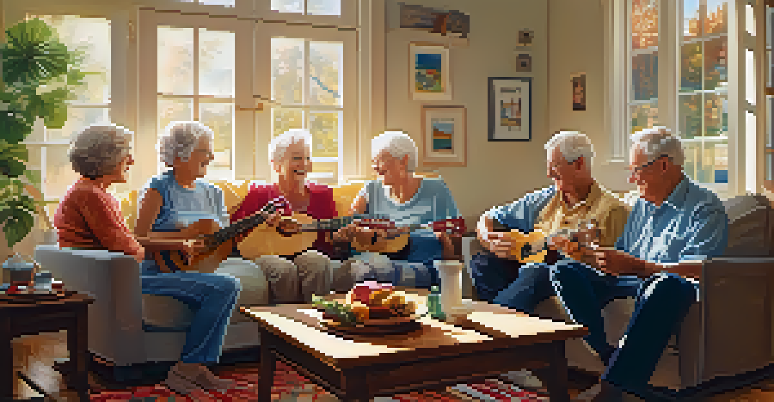 A group of smiling seniors playing ukuleles together in a cozy living room, with soft sunlight streaming through the window.