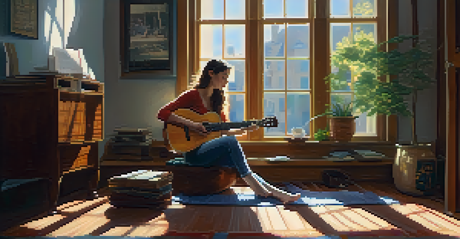 A young woman practicing ukulele by a window, with sunlight streaming in, surrounded by music sheets and a cup of tea, creating a tranquil atmosphere.
