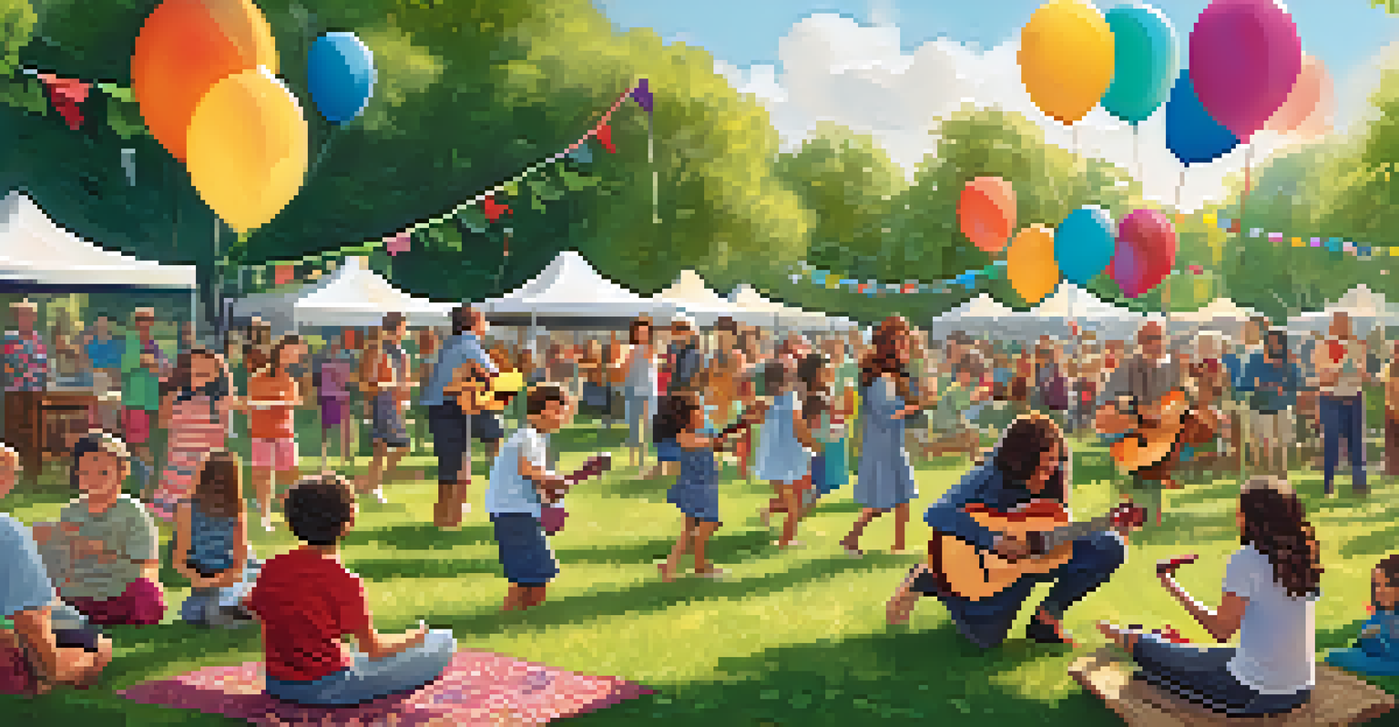 A community ukulele jam session in a park with people of all ages enjoying music and dancing.