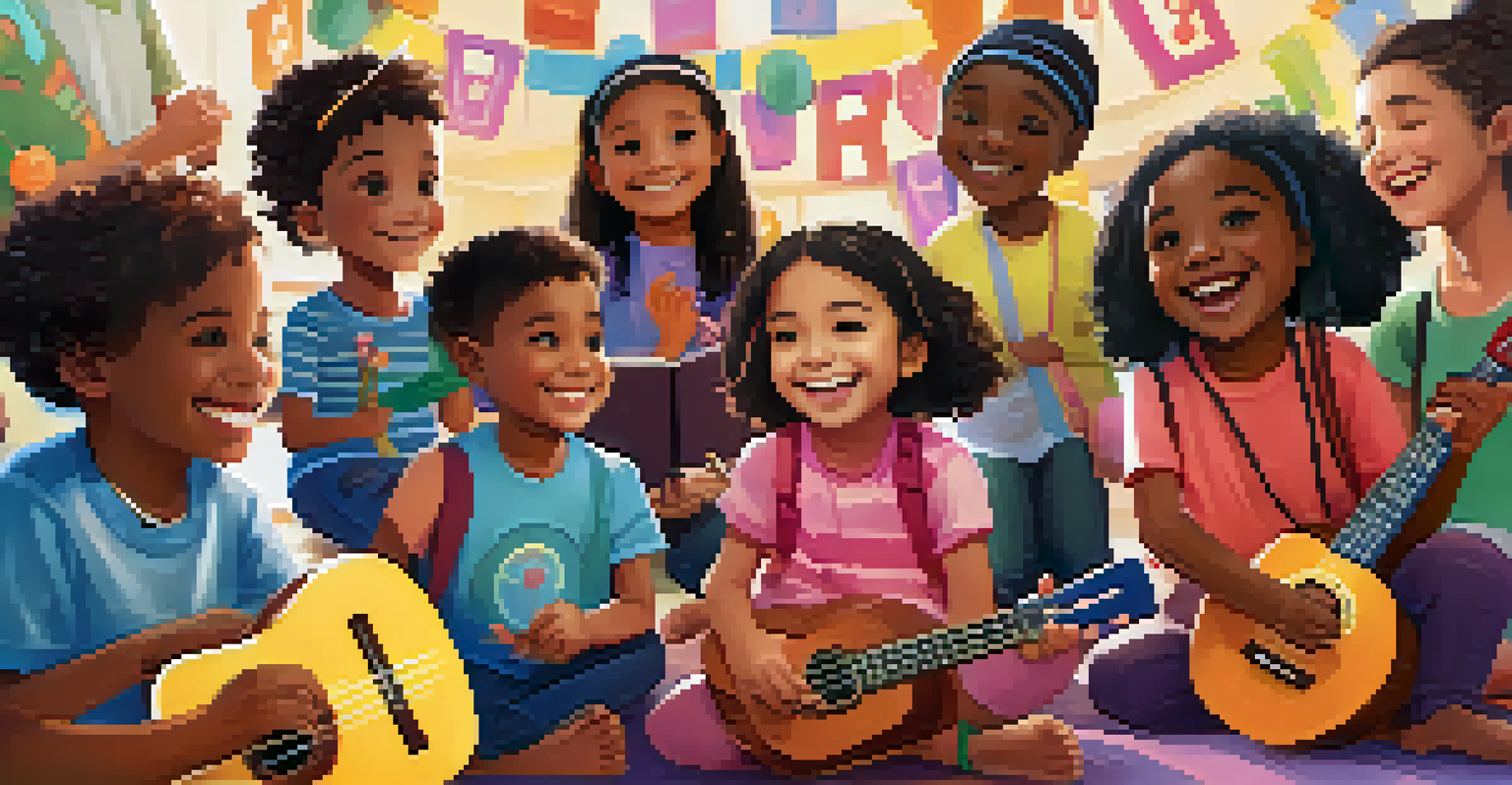 Children from diverse backgrounds sitting in a circle with ukuleles, smiling and engaged in a music class in a bright community center.