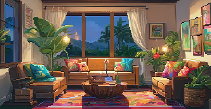 A cozy living room decorated for International Ukulele Day with string lights, Hawaiian decorations, and a ukulele on a coffee table.