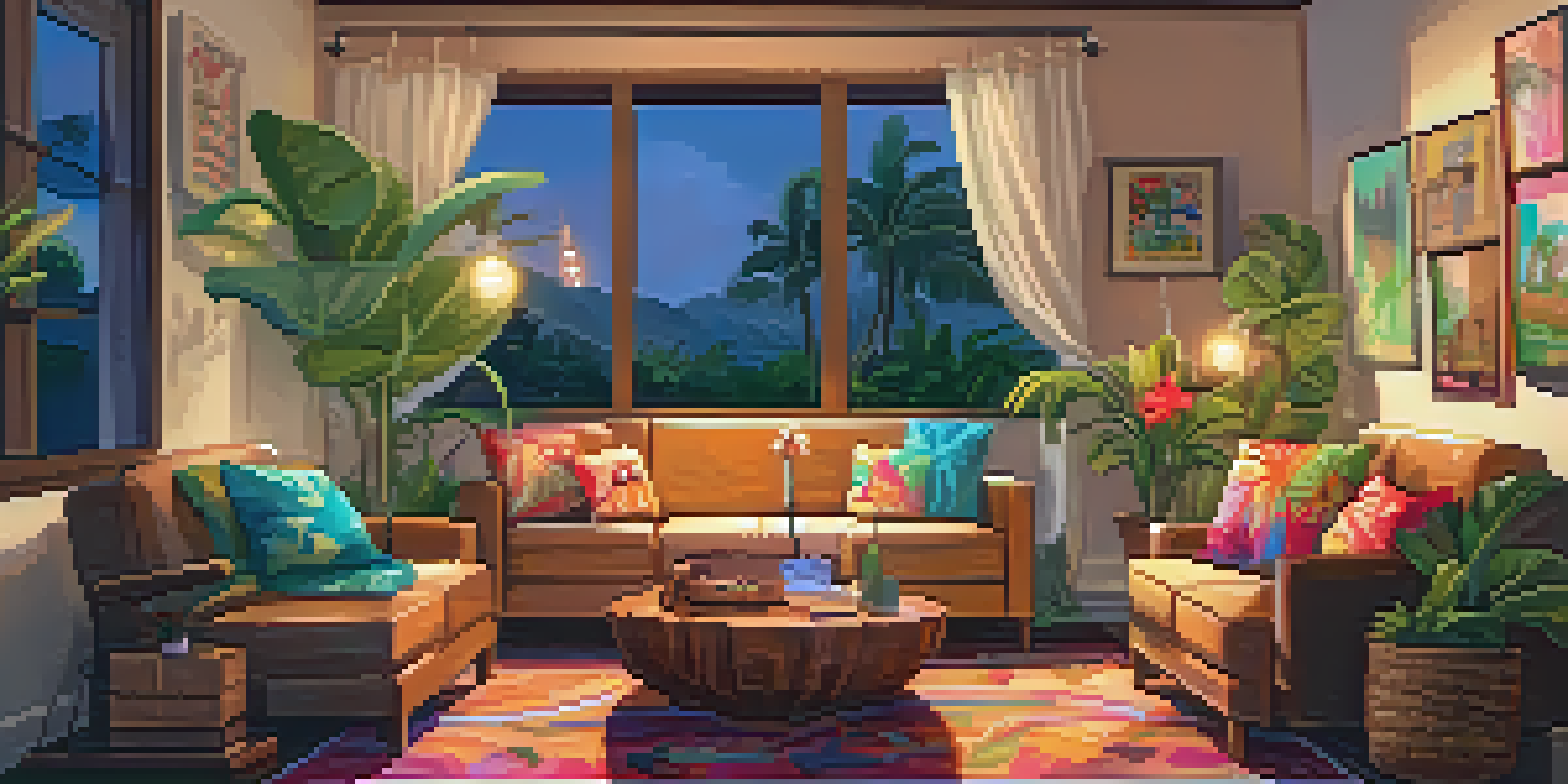 A cozy living room decorated for International Ukulele Day with string lights, Hawaiian decorations, and a ukulele on a coffee table.