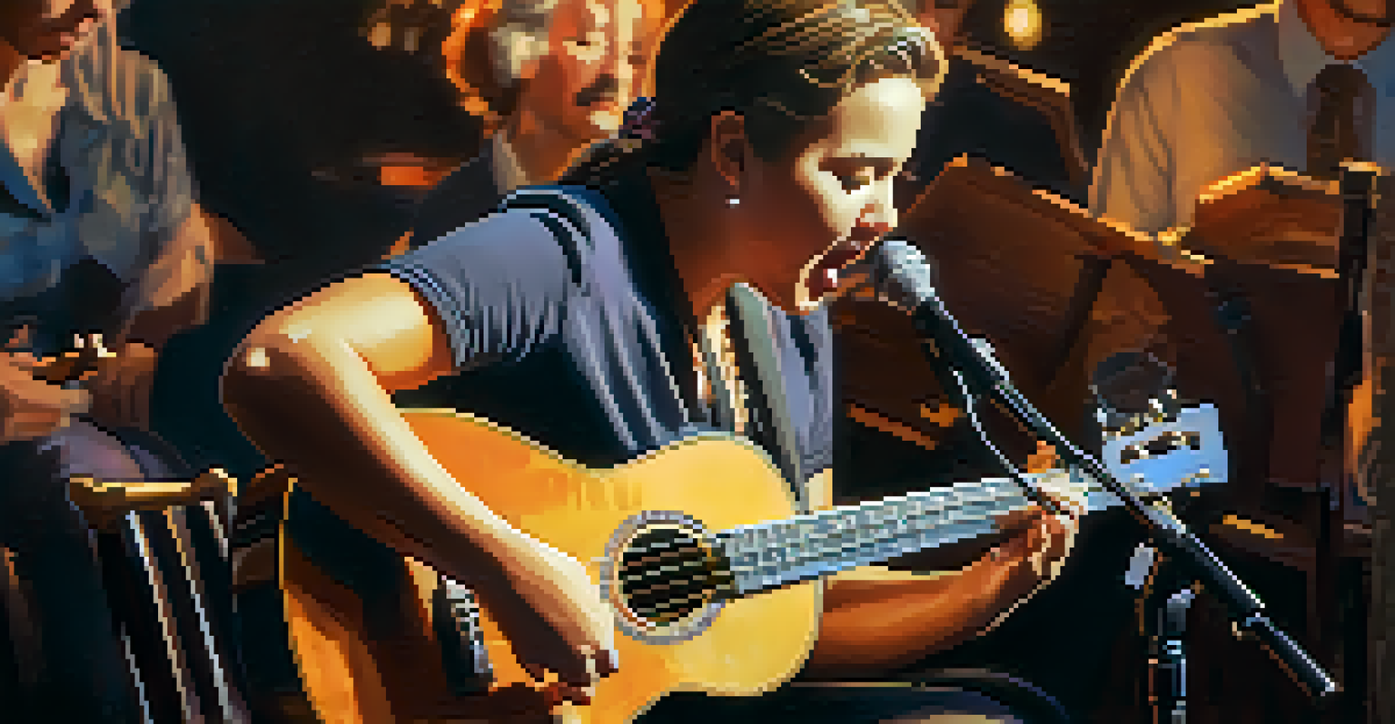 A ukulele player performing on stage with an engaged audience, showcasing a lively and warm atmosphere.