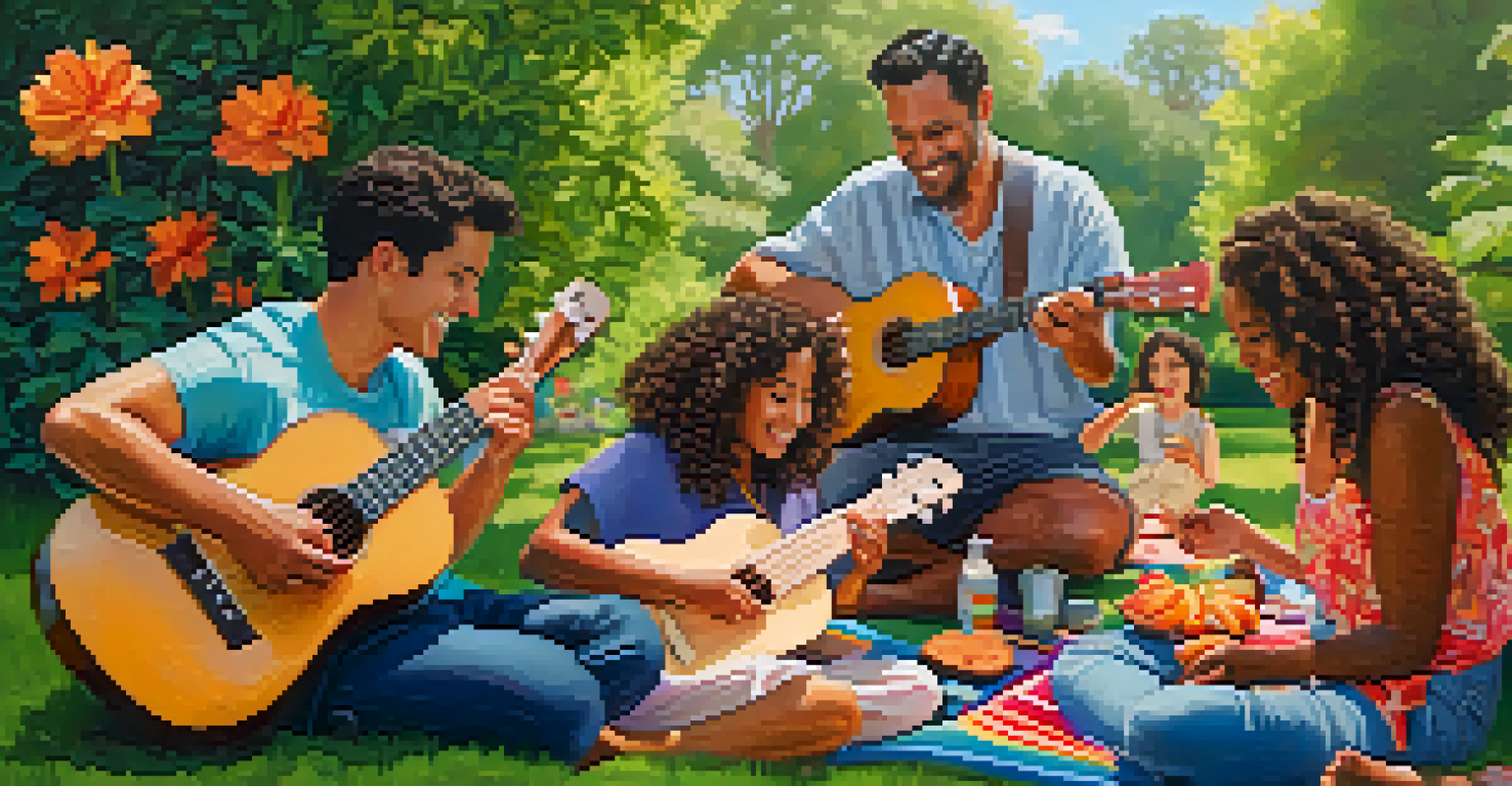 A joyful ukulele jam session in a sunny backyard with people of different ages playing and enjoying music together.