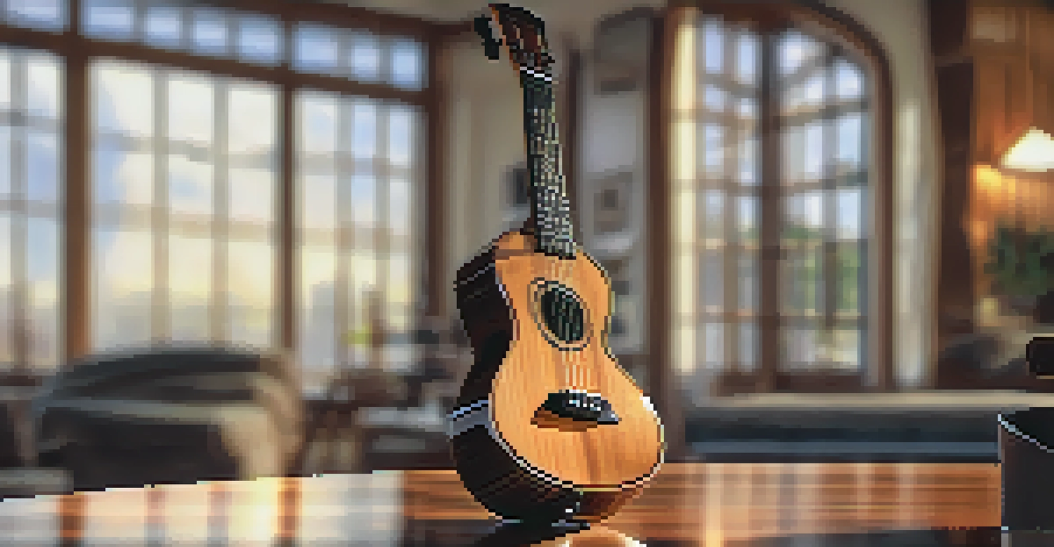 A detailed close-up of a ukulele on a wooden table, emphasizing its craftsmanship and textures in soft natural light.