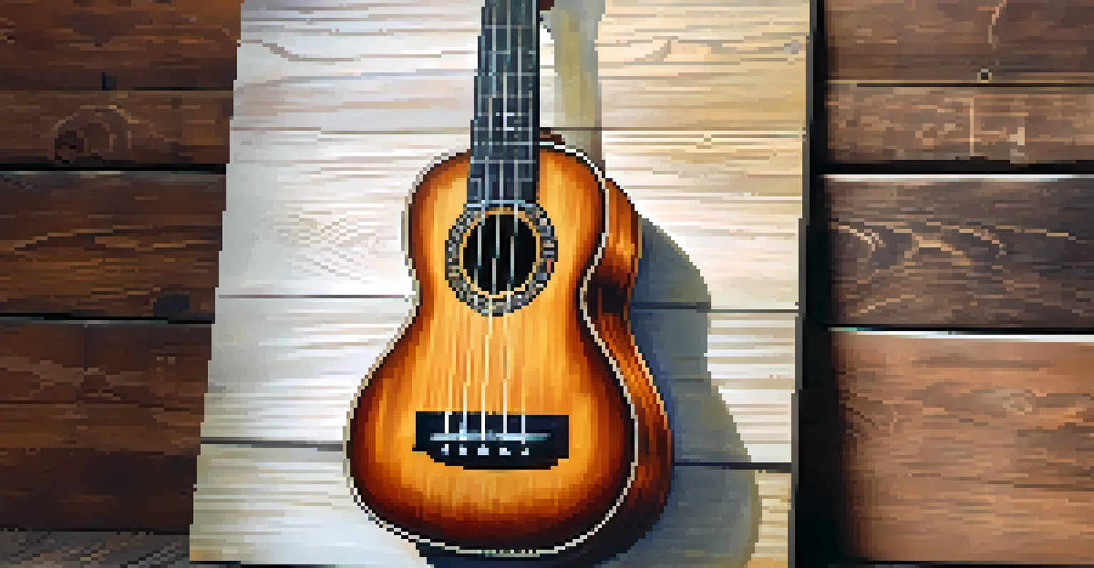 An elegant ukulele against a rustic wooden background, showcasing its C-shaped neck and fretboard, with natural light enhancing the textures.