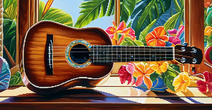 A vibrant ukulele on a wooden table surrounded by tropical flowers, illuminated by sunlight.