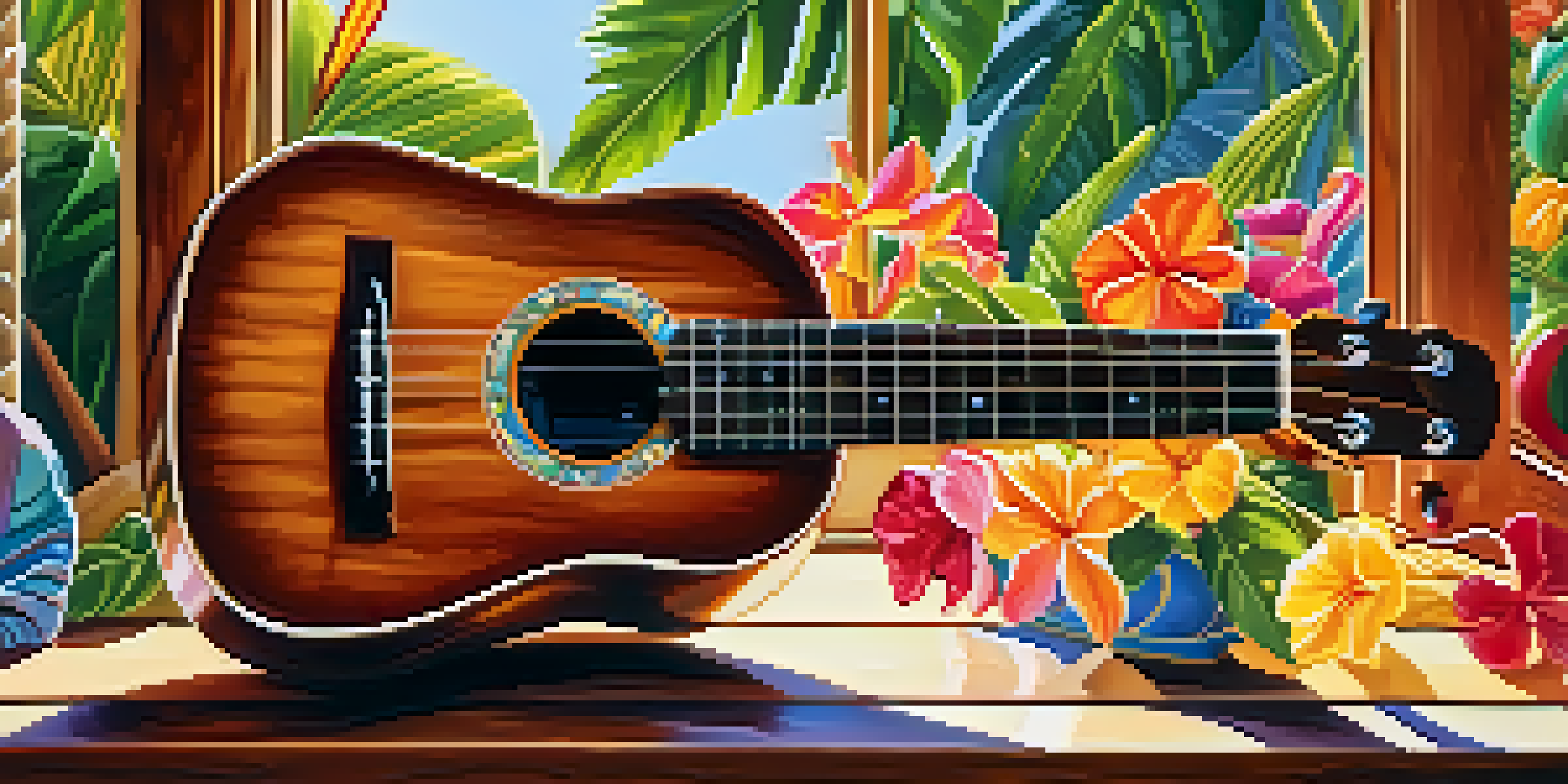 A vibrant ukulele on a wooden table surrounded by tropical flowers, illuminated by sunlight.