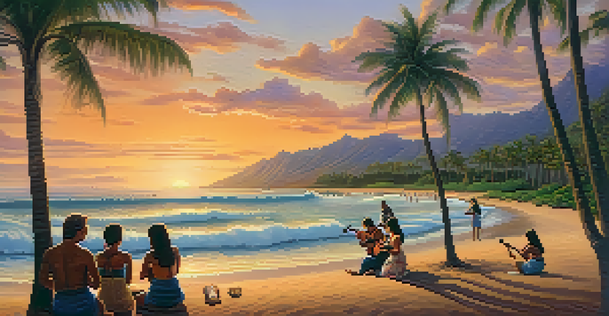 A peaceful beach at sunset with people playing ukuleles and hula dancers, surrounded by palm trees.